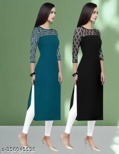 Pack of 1 Casual American Crepe And Net Round-Neck 3/4 Length Sleeves Rama & Black Kurti (42"Inches)