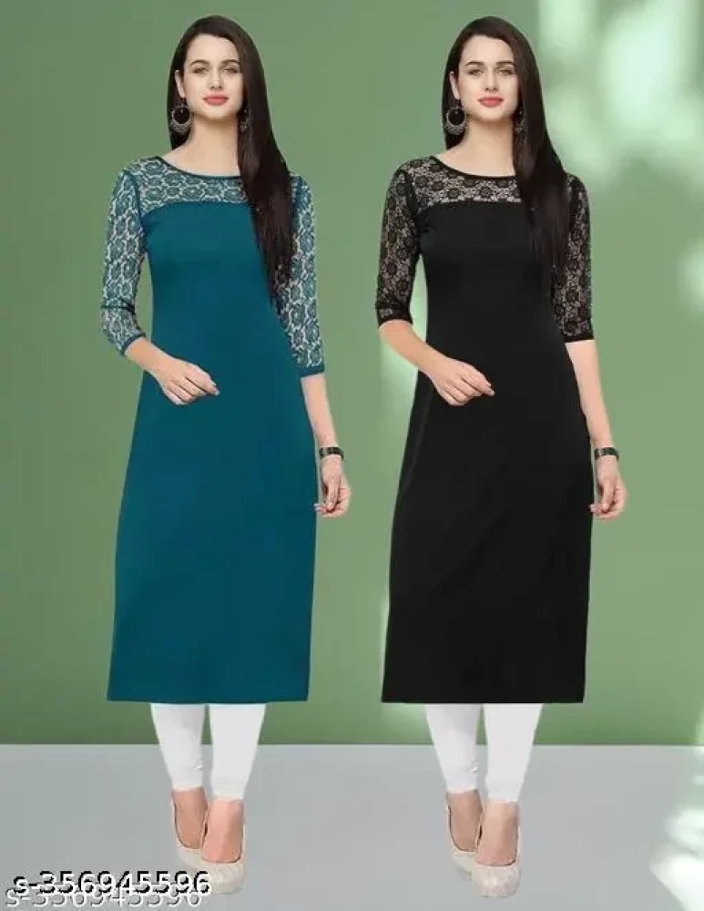 Pack of 1 Casual American Crepe And Net Round-Neck 3/4 Length Sleeves Rama & Black Kurti (42"Inches)