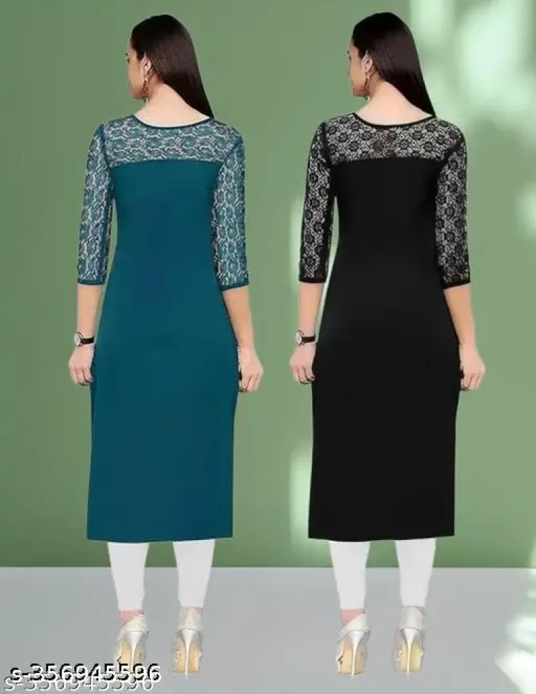 Pack of 1 Casual American Crepe And Net Round-Neck 3/4 Length Sleeves Rama & Black Kurti (42"Inches)