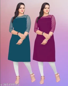 Pack of 1 Casual American Crepe And Net Round-Neck 3/4 Length Sleeves Rama & Wine Kurti (42"Inches)