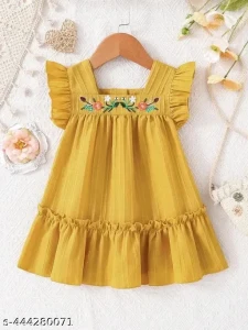 BABY GIRL POOJA VACATION FLOWER EMBROIDERY DRESS WITH RUFFLE HEM/MUSTARD COLOR SHORT SLEEVE WOVEN FABRIC FLORAL ,PLAIN PLANTS SMOCK EMBELLISHED FROCK FOR TODDLER