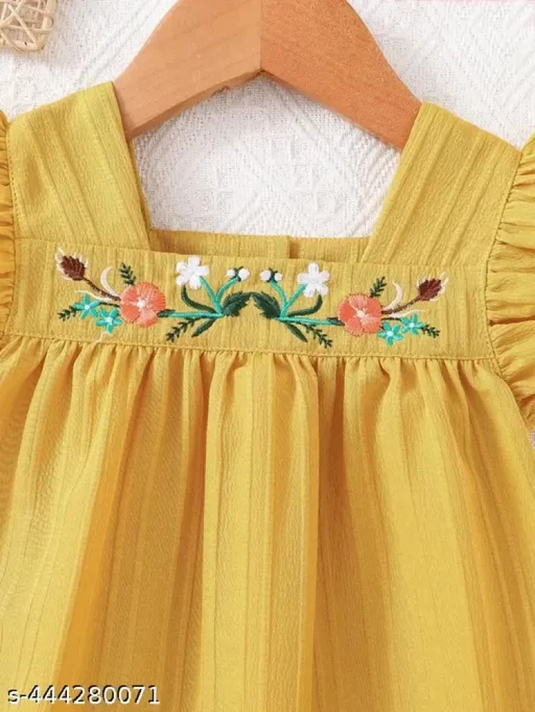 BABY GIRL POOJA VACATION FLOWER EMBROIDERY DRESS WITH RUFFLE HEM/MUSTARD COLOR SHORT SLEEVE WOVEN FABRIC FLORAL ,PLAIN PLANTS SMOCK EMBELLISHED FROCK FOR TODDLER